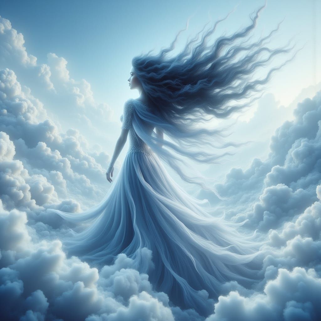 Woman Emerging from Clouds in Ethereal Sky