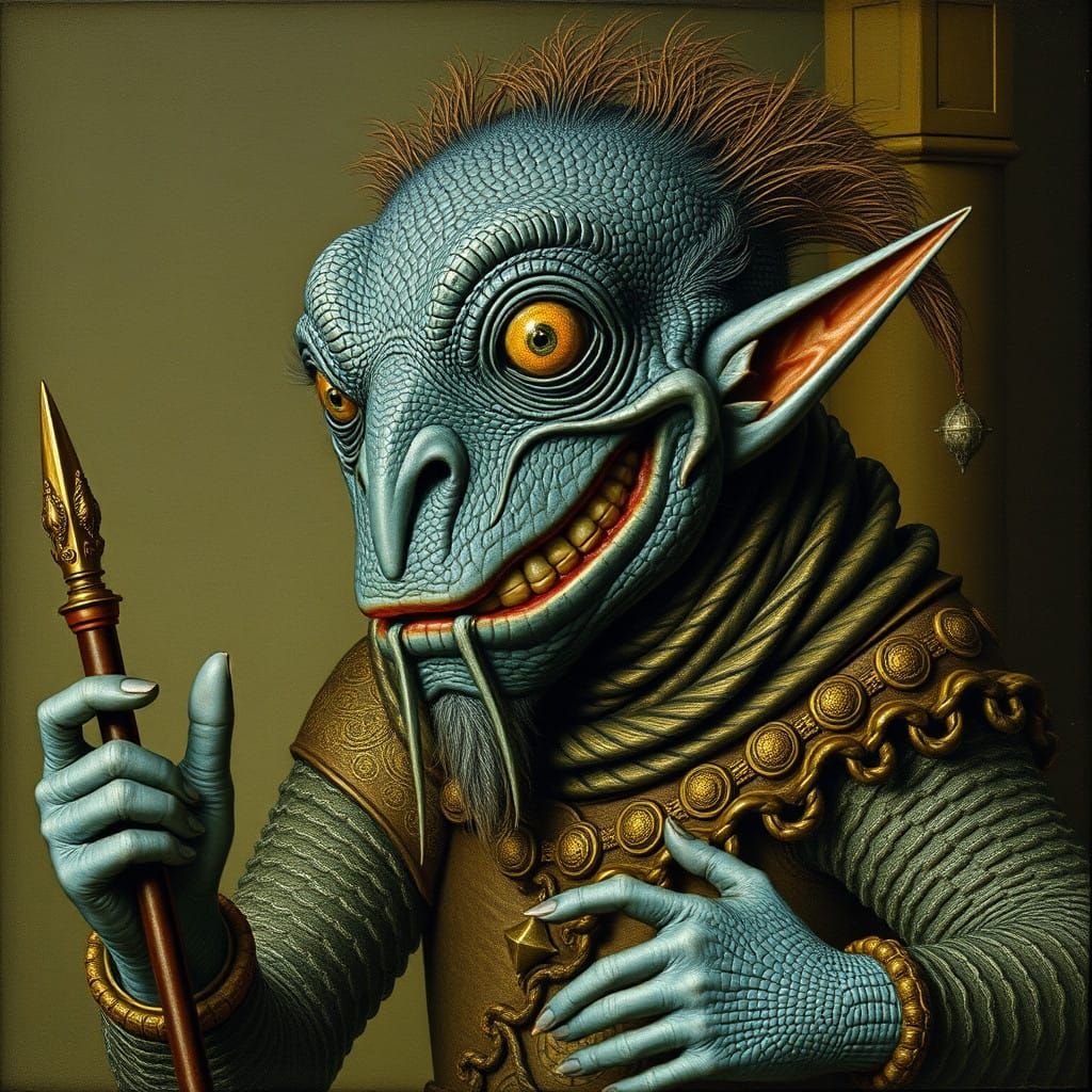 Mysterious Blue-Skinned Lizardman in Whimsical Company