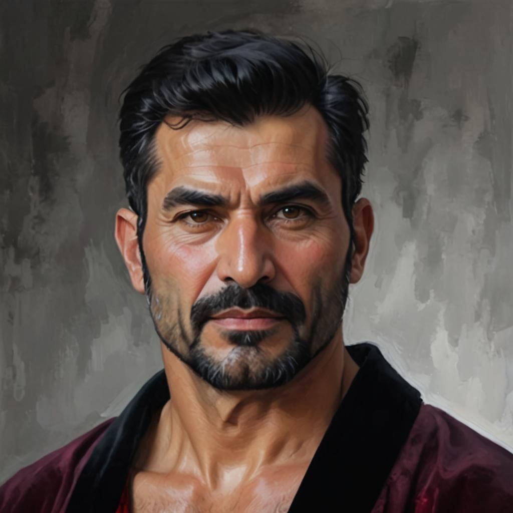 Hirsute Man in Red Velvet Bathrobe: Impressionist Oil Painti...