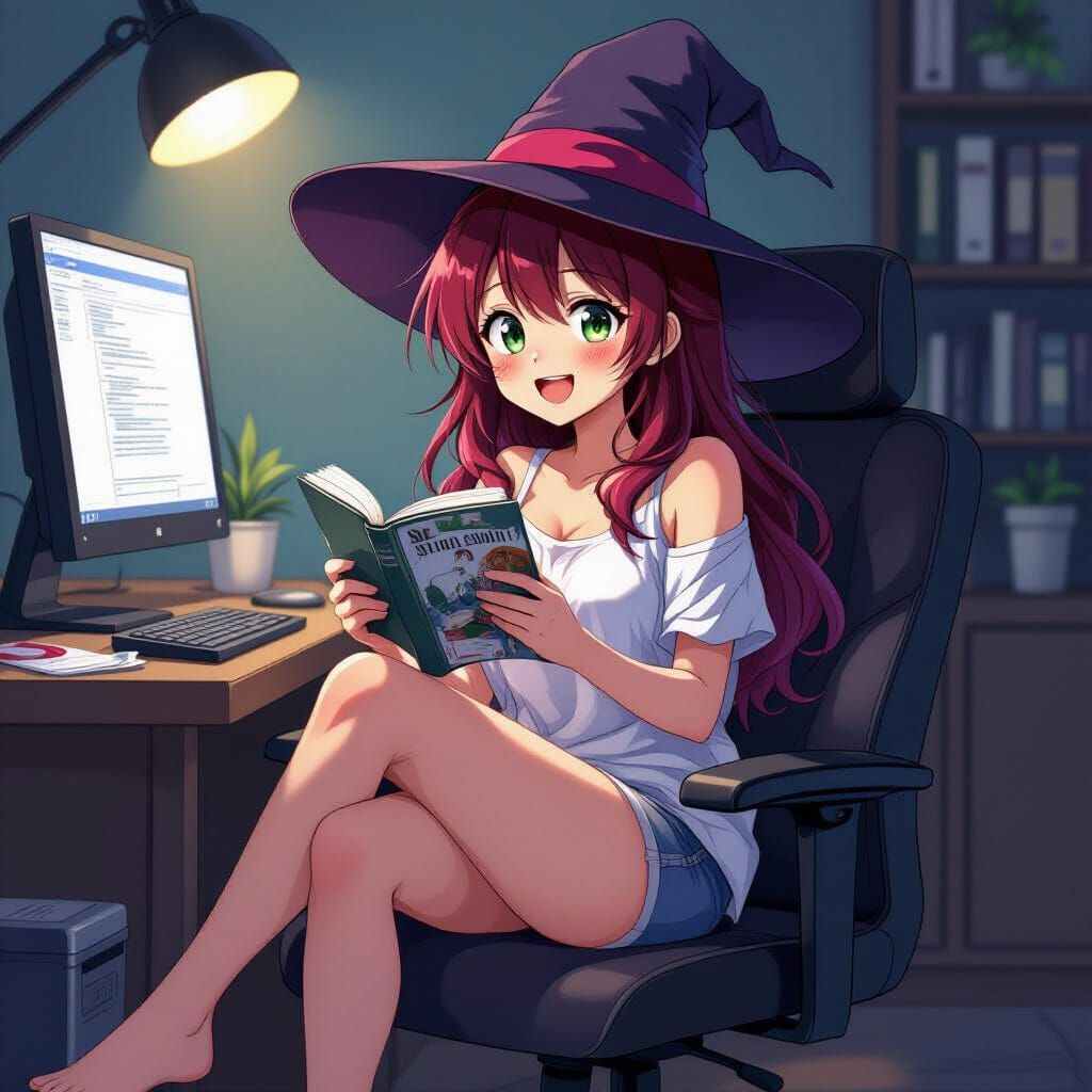Anime Woman Reading Manga in Studio Trigger Style