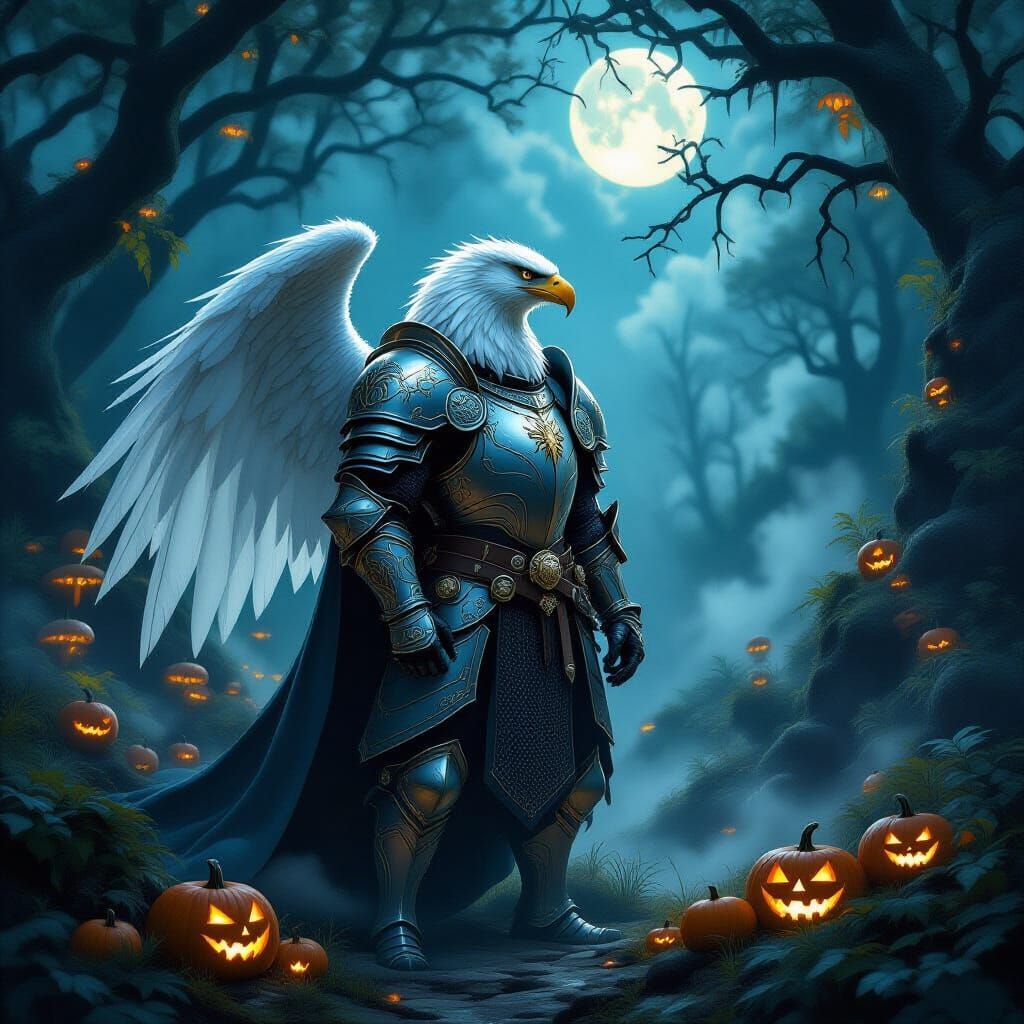 Griffin Knight Guards Misty Forest at Twilight