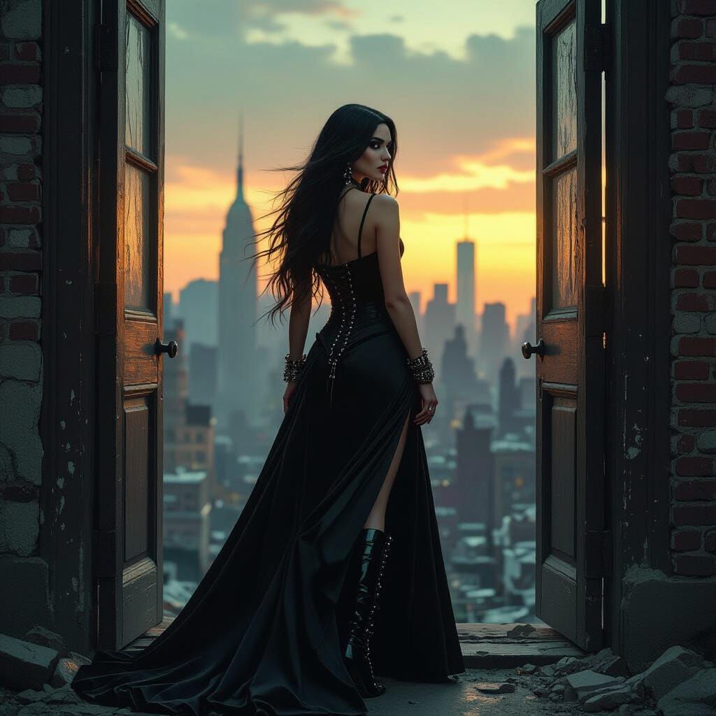 Gothic Woman in Ruined City, Photorealistic Style
