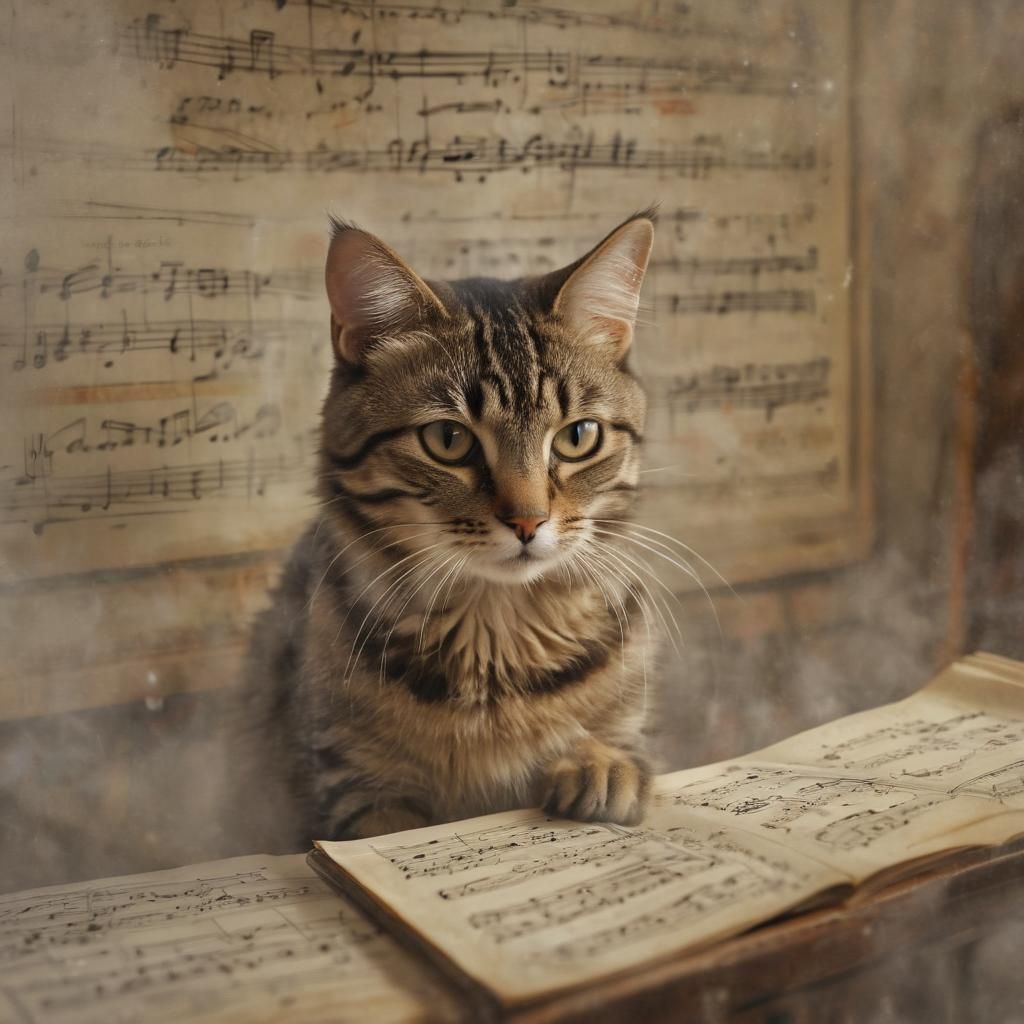 musical tabby cat, music staff, music notes