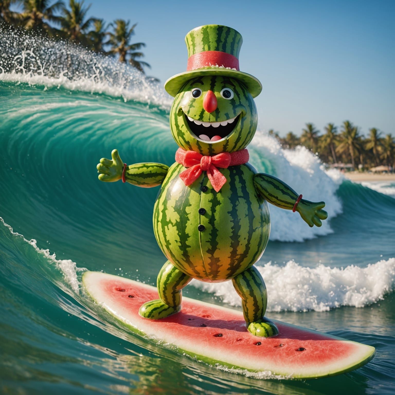 Watermelon Man Surfs Sunny Sea Waves in Whimsical Style