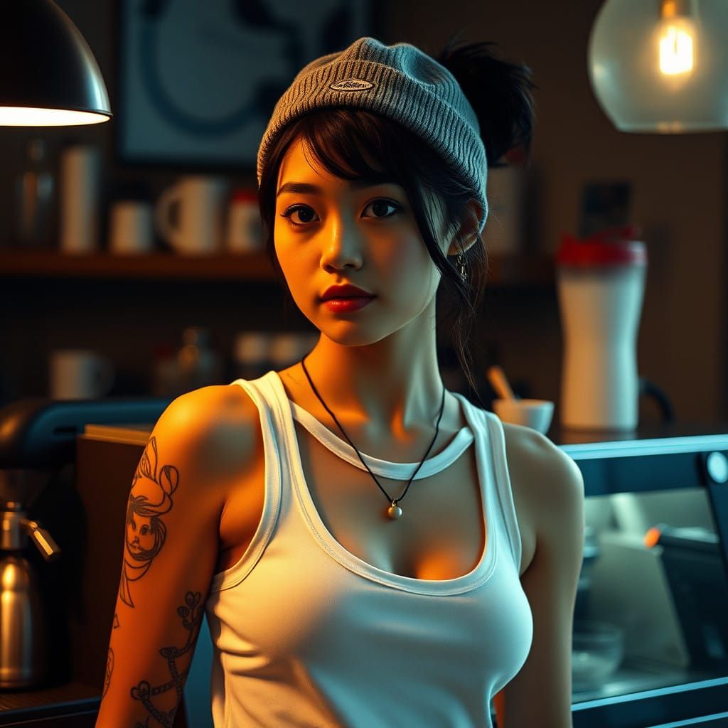 Edgy Asian Barista in Moody Coffee Shop Scene