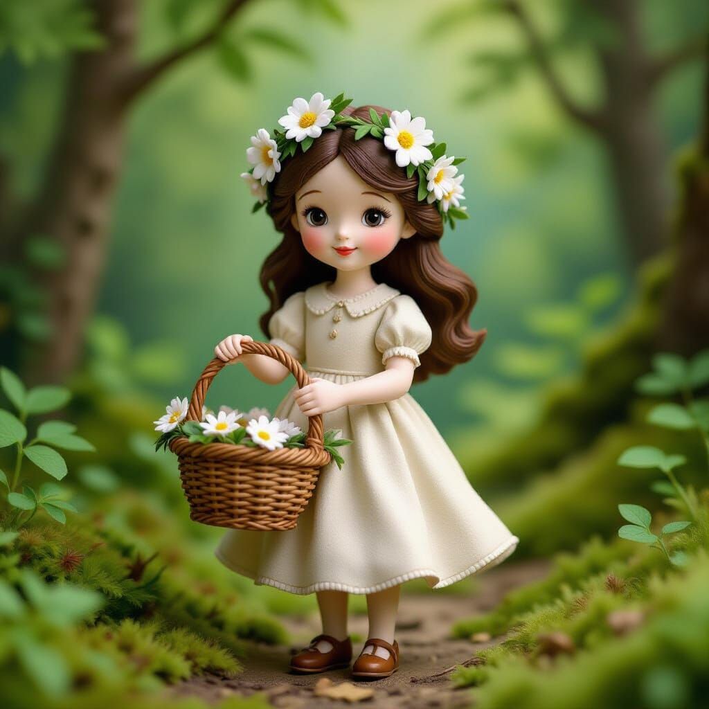 Whimsical Wooden Girl in Forest, Storybook Illustration