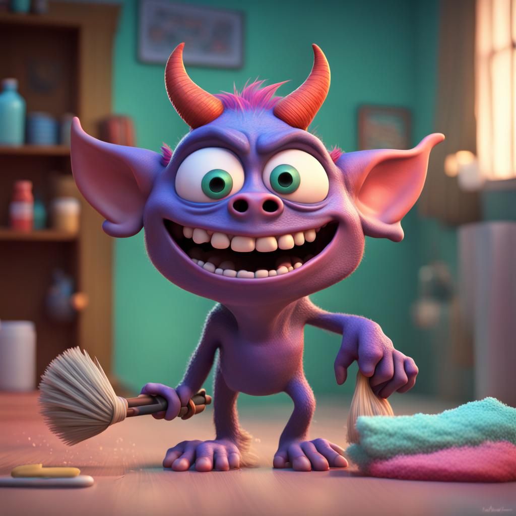 Pixar-Style Cleaning Demon in 3D Digital Art