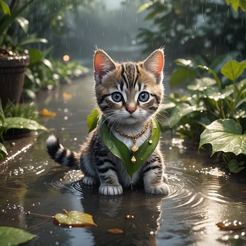 Cute Kitten in Leaf Boat, Hyper-Realistic Digital Art