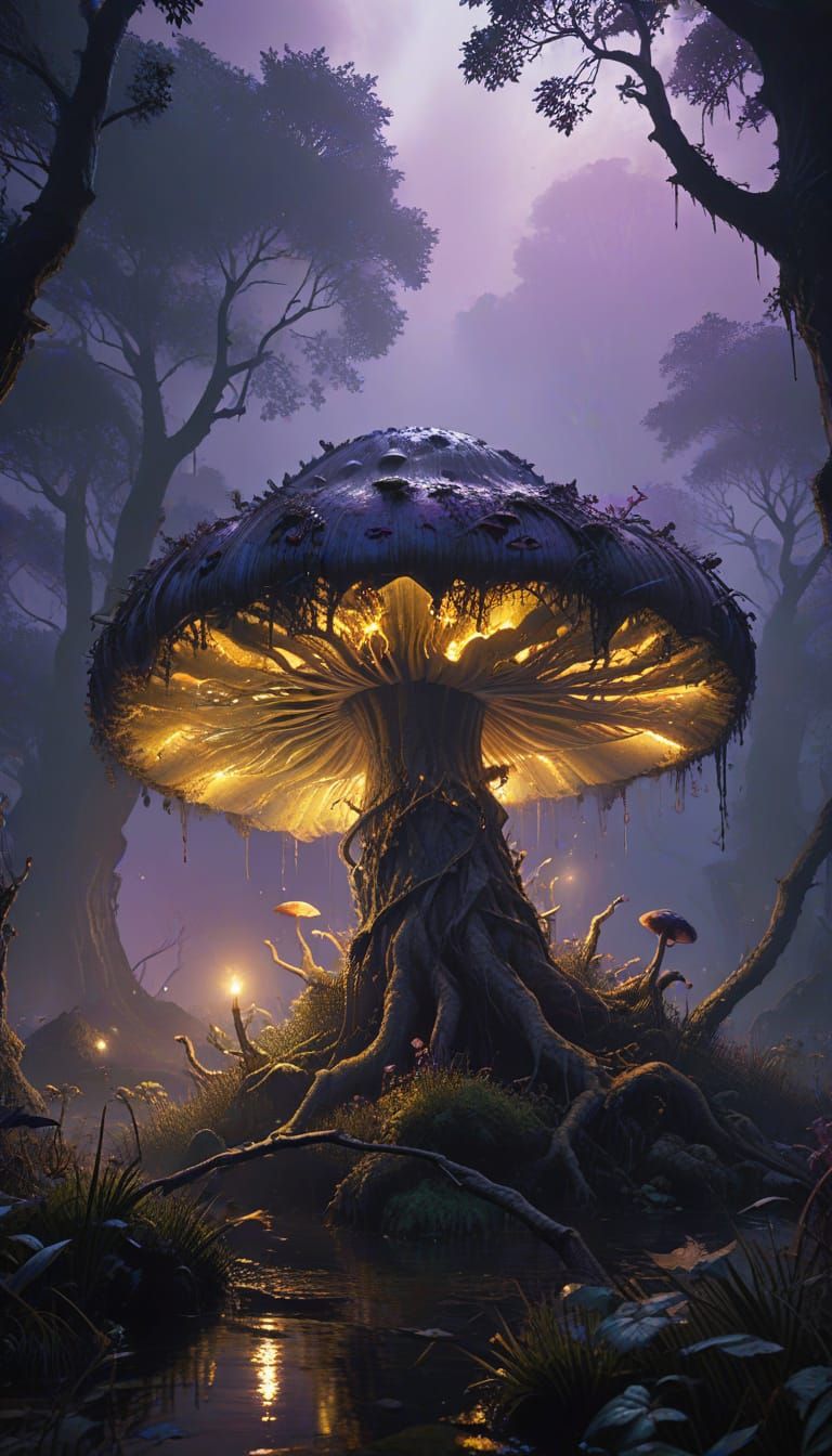 Ancient Swamp Mushroom in Eerie, Hyper-Realistic Digital Art