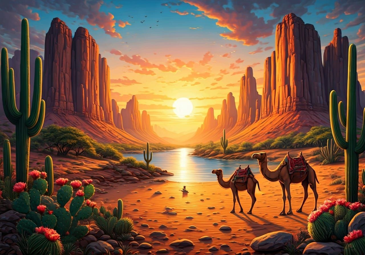 Desert Oasis Sunset: A 3D Oil Painting