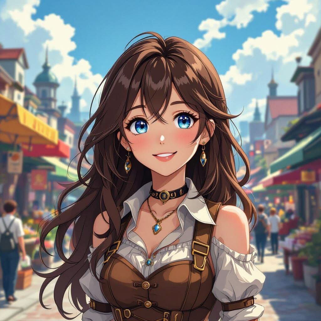 Steampunk Girl in Anime Style Strolls Market Street