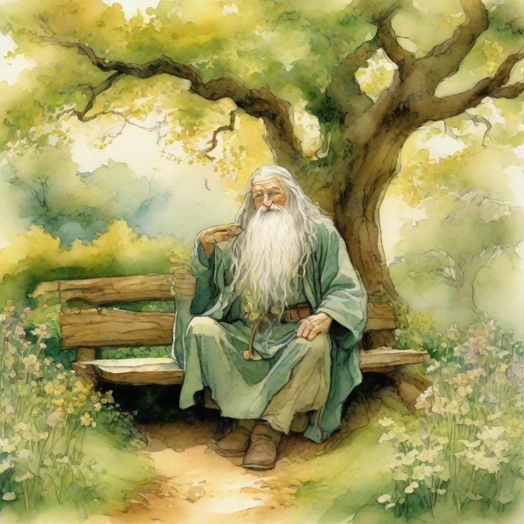 Gandalf on Bench with Pipe: Watercolor Fantasy Art
