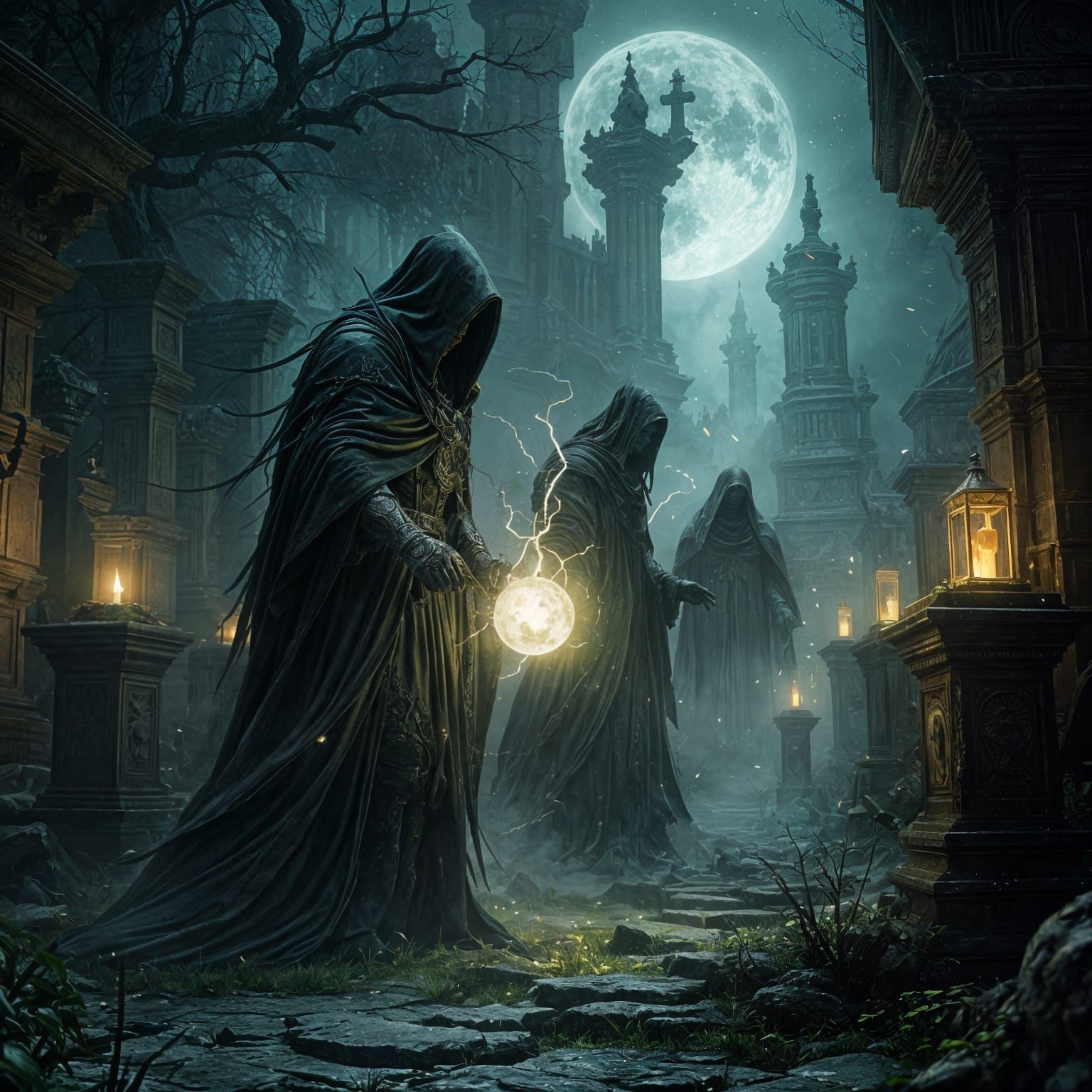Warlocks in a Haunting Green Moonlit Graveyard Scene
