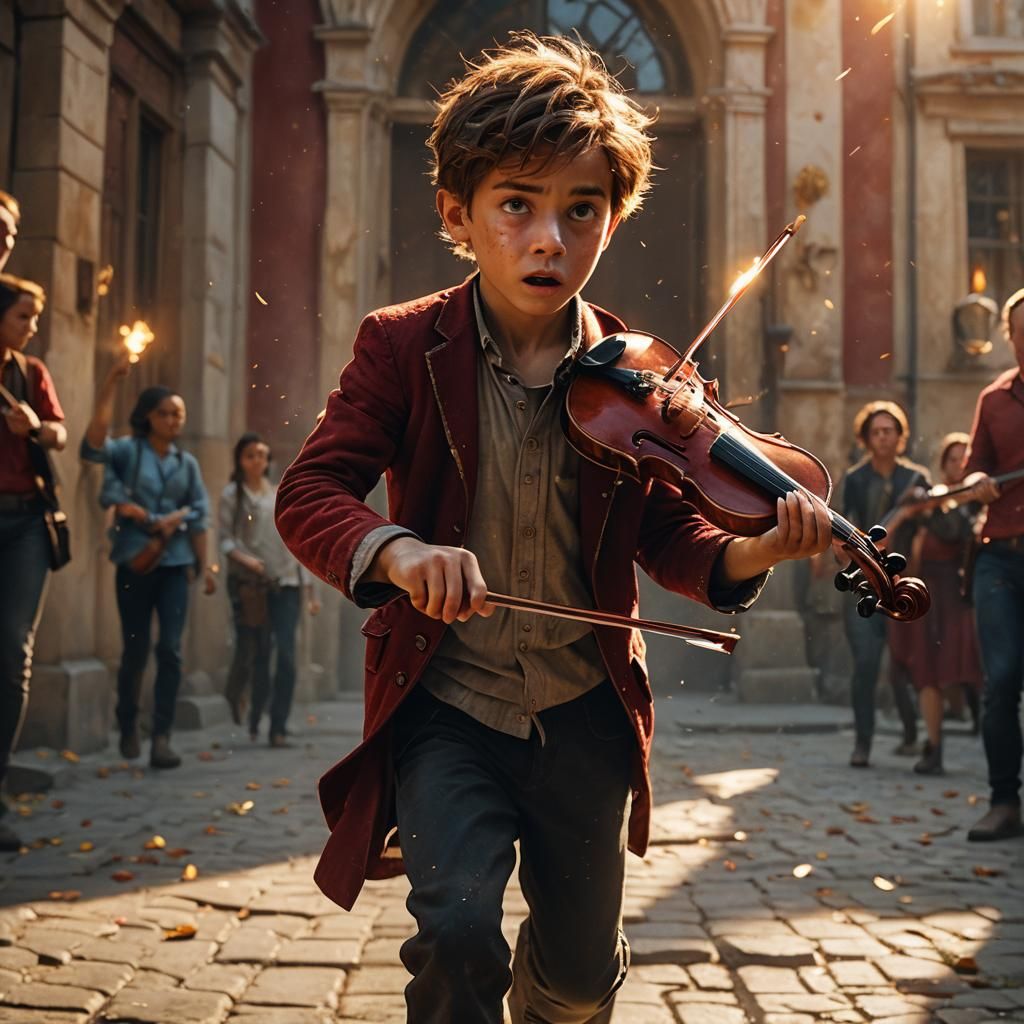 Frightened Boy Flees with Violin in Fantasy World