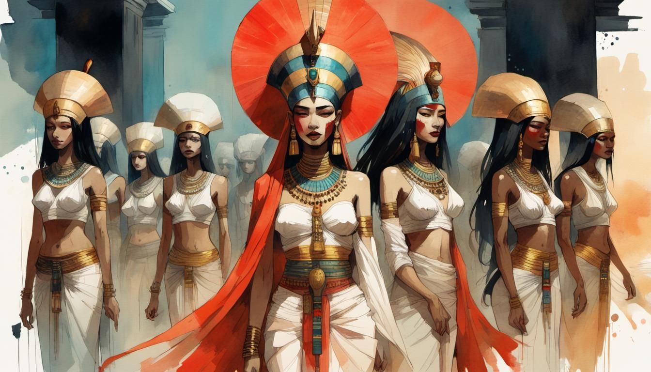 Pharaoh's Concubines Parade: Ancient Egypt Watercolor Art