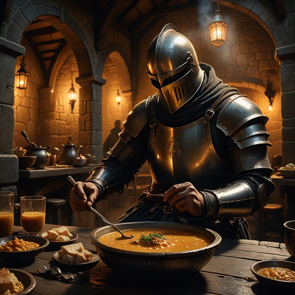 Knight Eating Soup in Medieval Tavern, Gothic Art