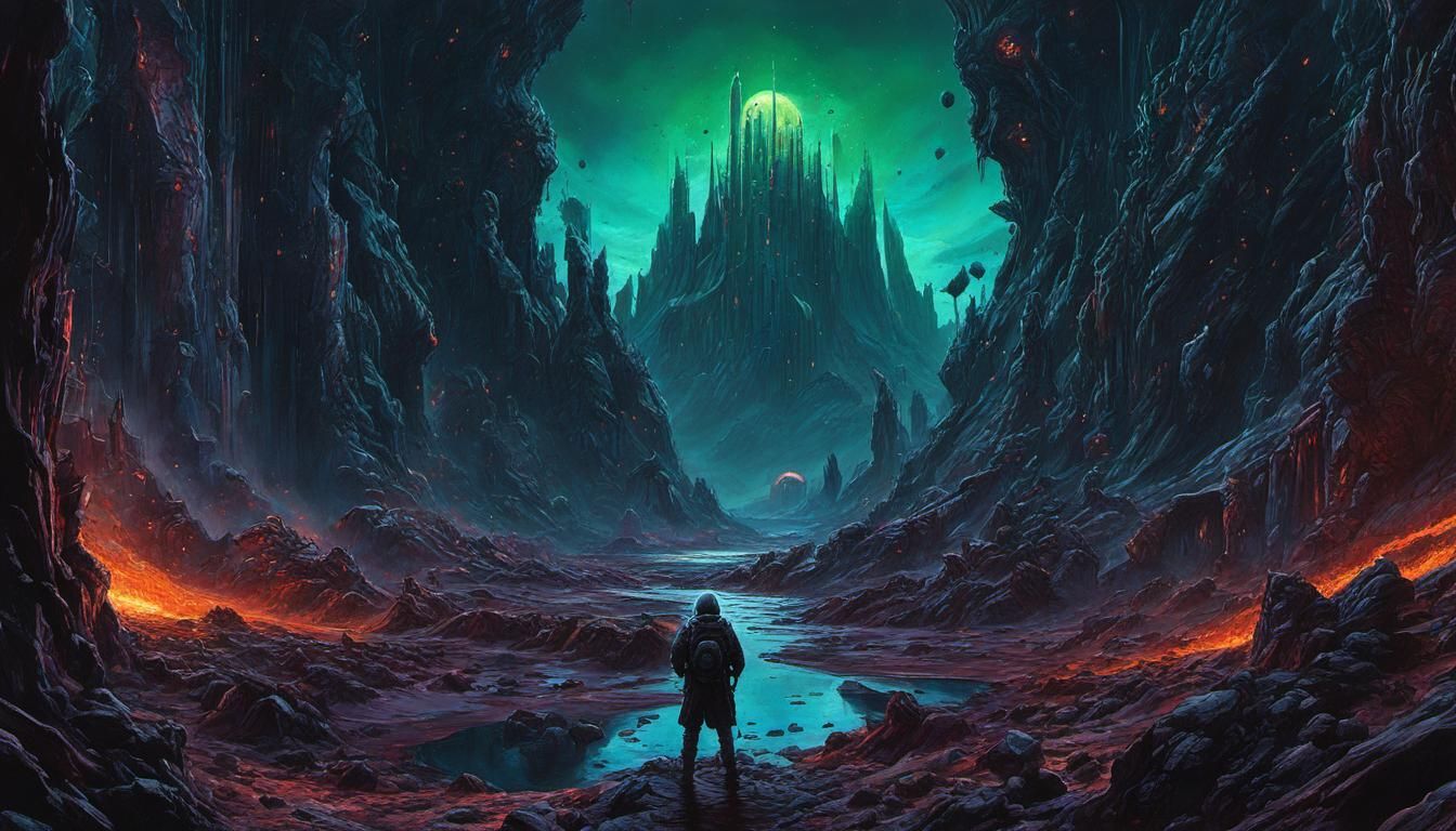 Solarpunk Landscape in Dark Sci-Fi Gouache Painting