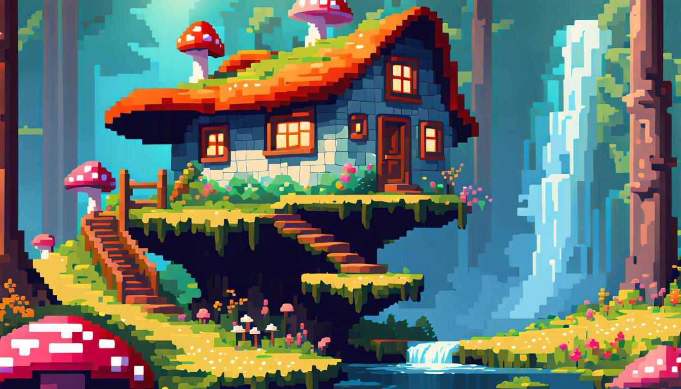 Pixilated Mushroom House in Fantasy Forest