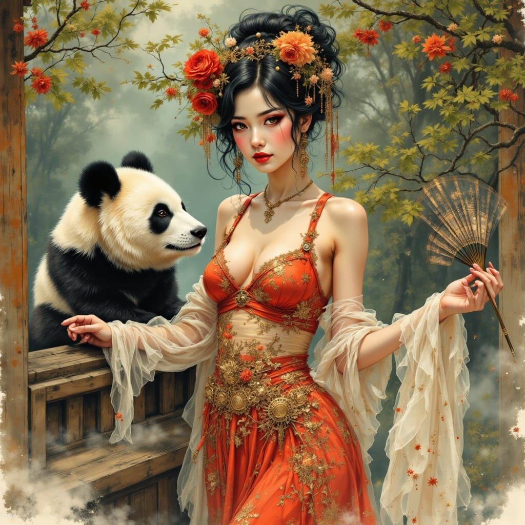 Steampunk Pinup in Zen Garden, Manga Anime Style