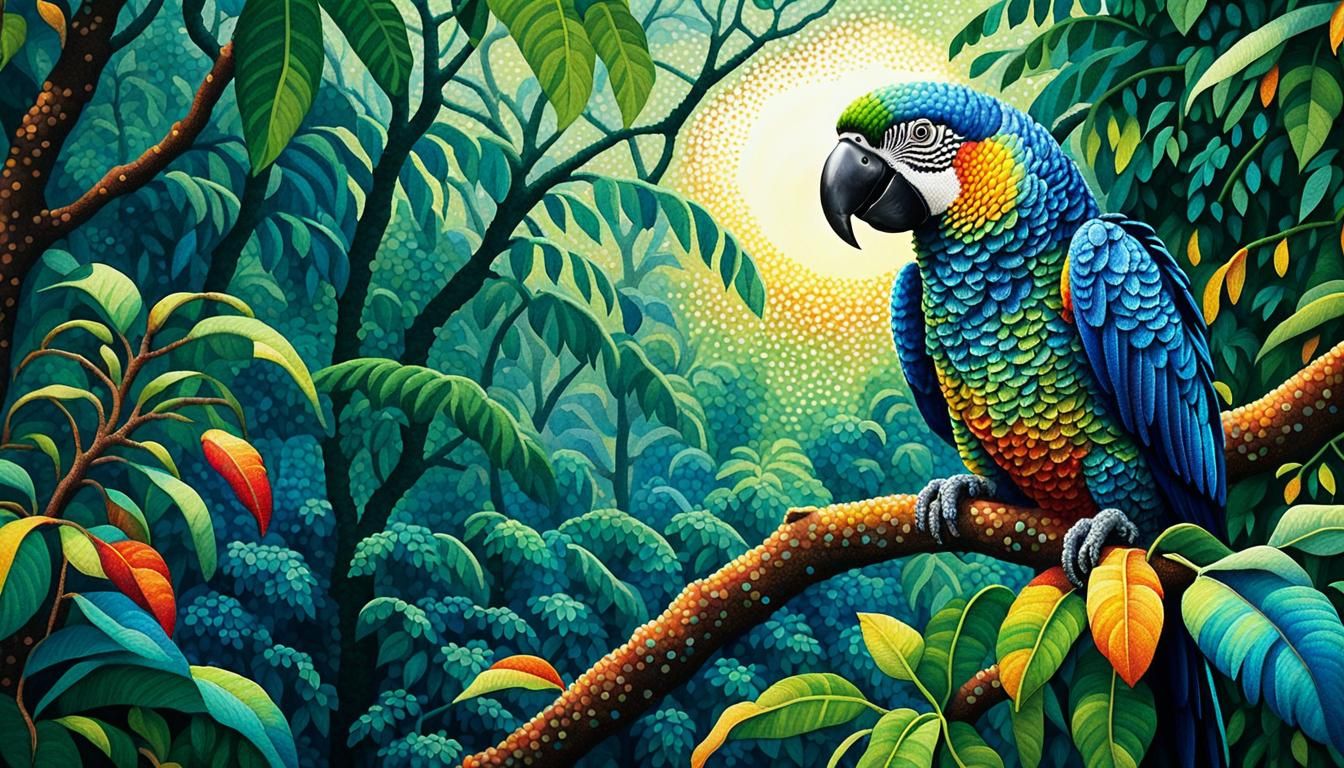 Colorful Parrot in Jungle, Pointillism Style