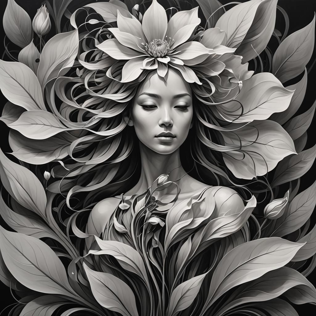 Grayscale Female Figure Integrated with Flower Petals