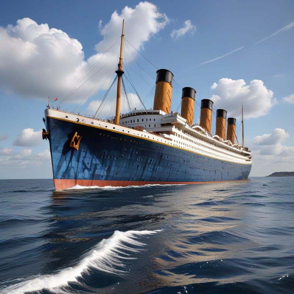 The Titanic painted to resemble blue and white gingham