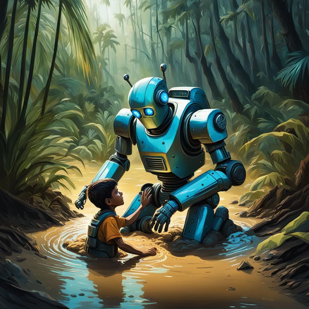 Robot Rescues Child from Quicksand: Hyperrealistic Art