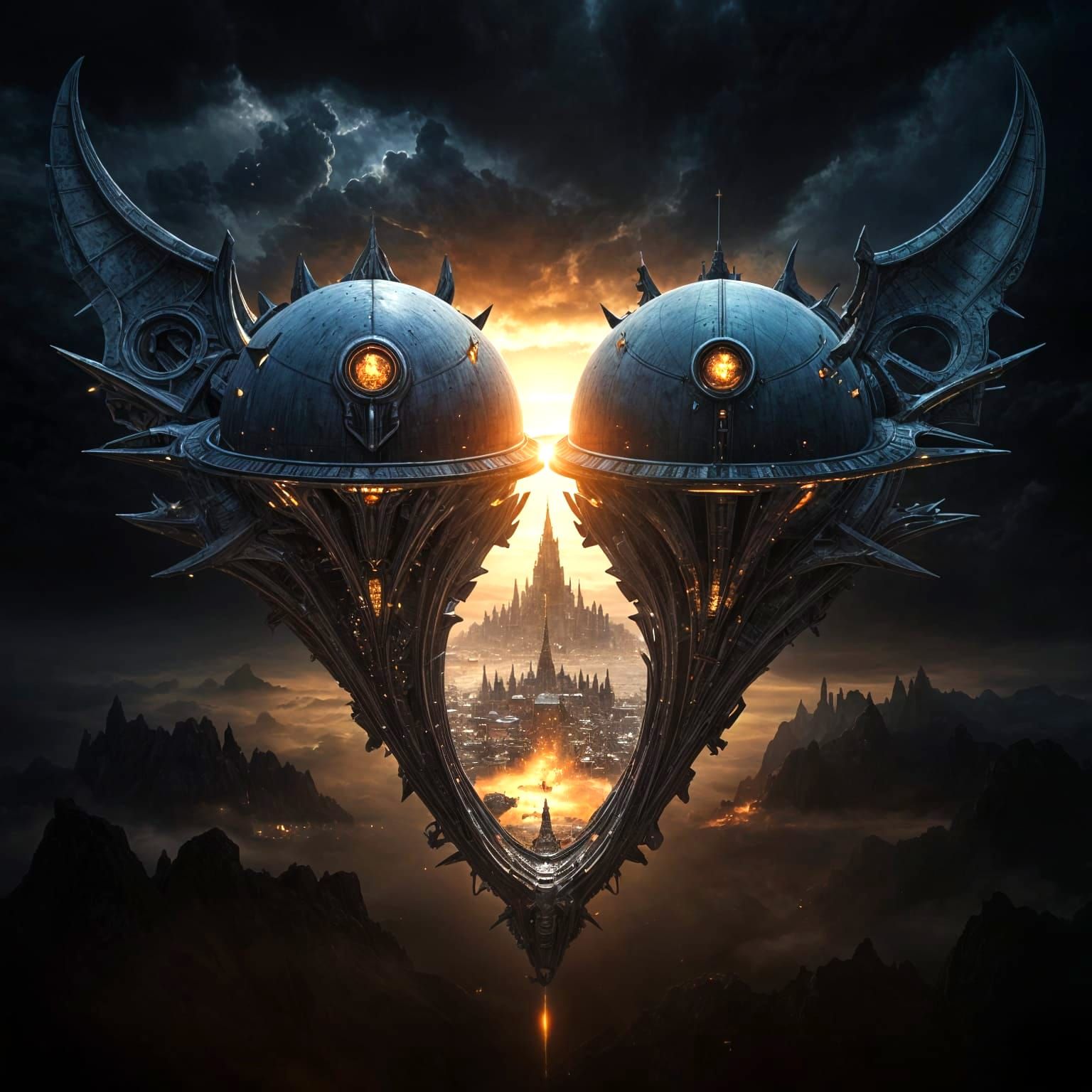 Opal Ferrofluid Starship Over Medieval City