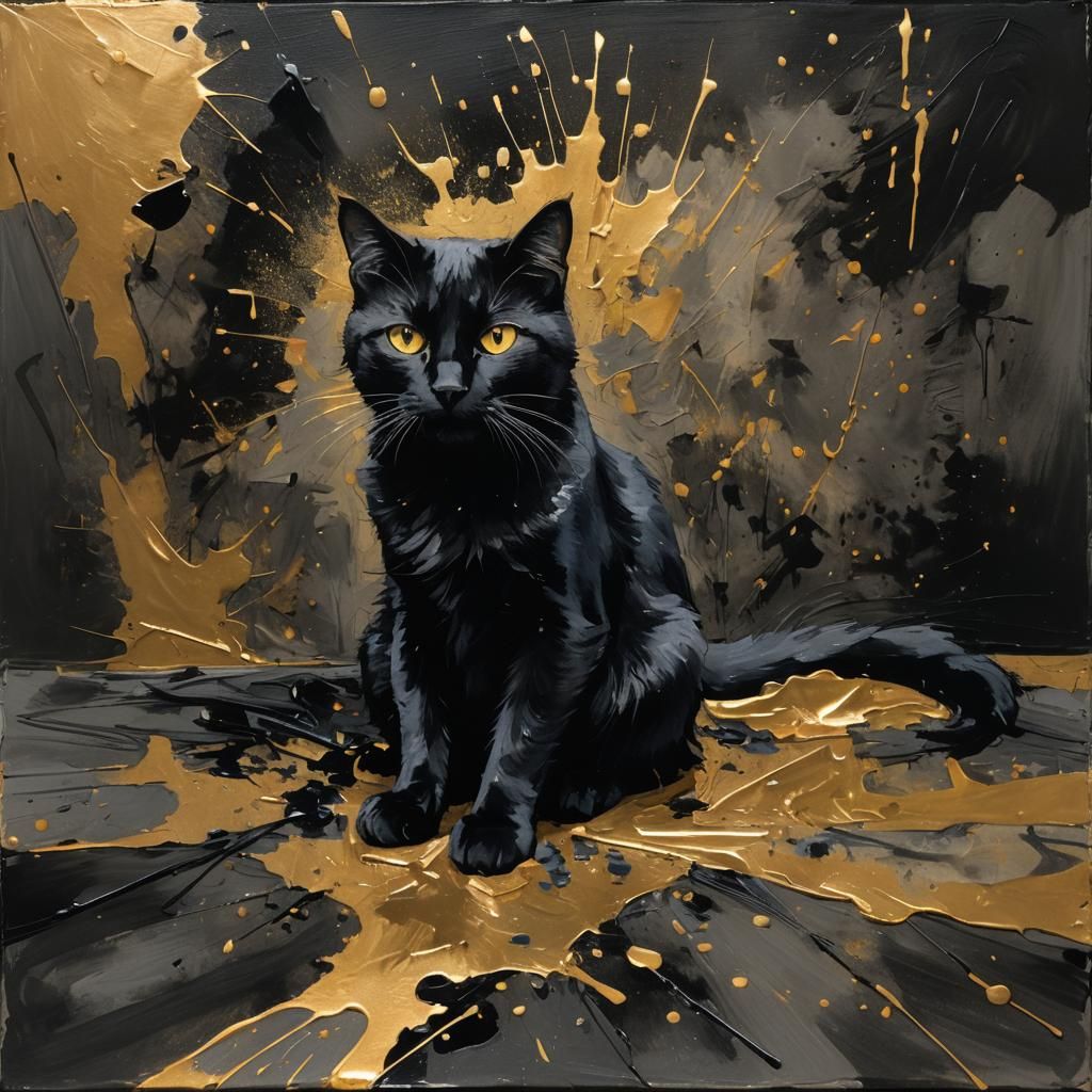 Chiaroscuro Gouache Painting of a Black Cat