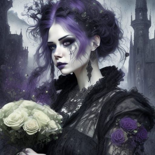 Goth Man in Victorian Gown with Black Flowers