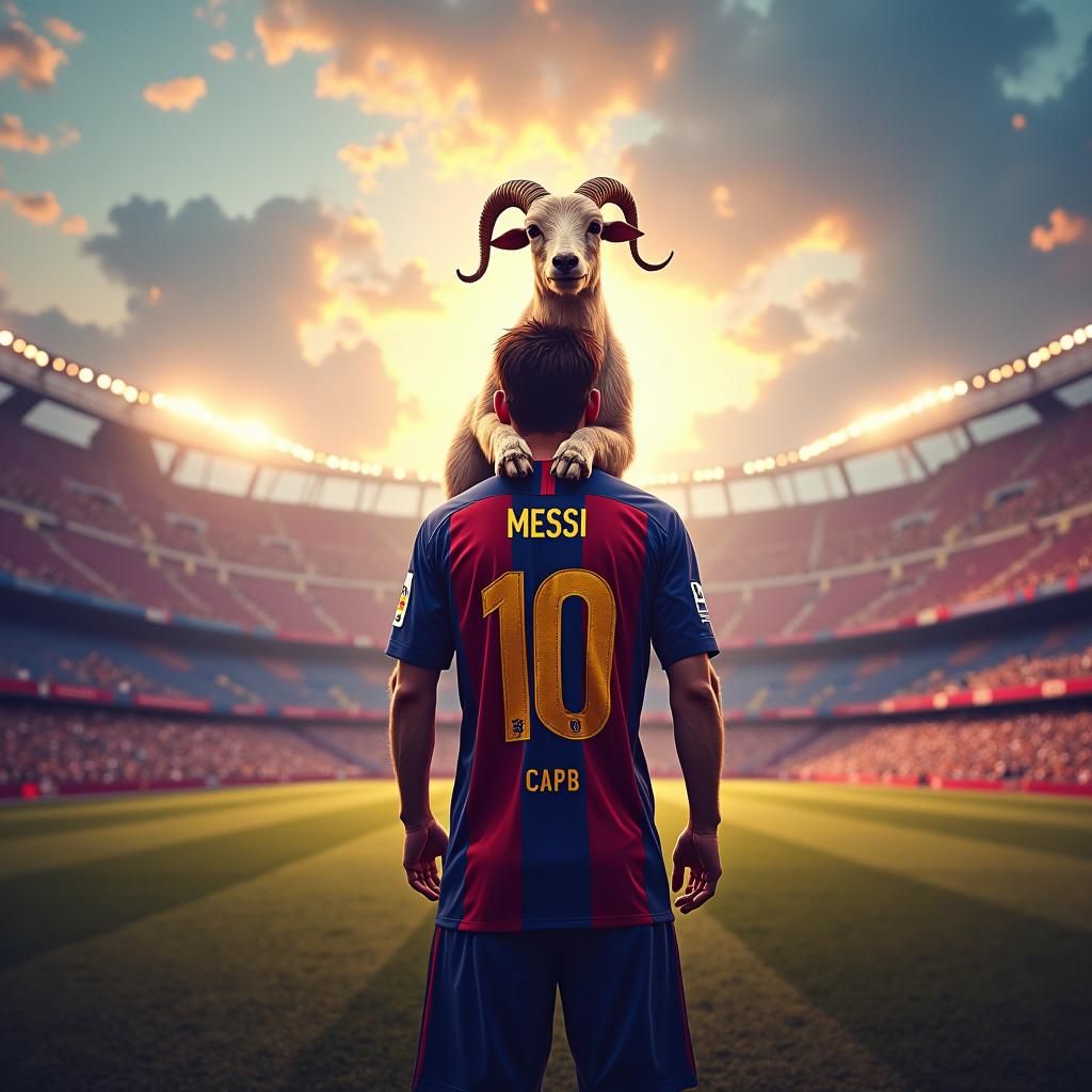 Messi Triumphant with Goat in Dreamlike Camp Nou