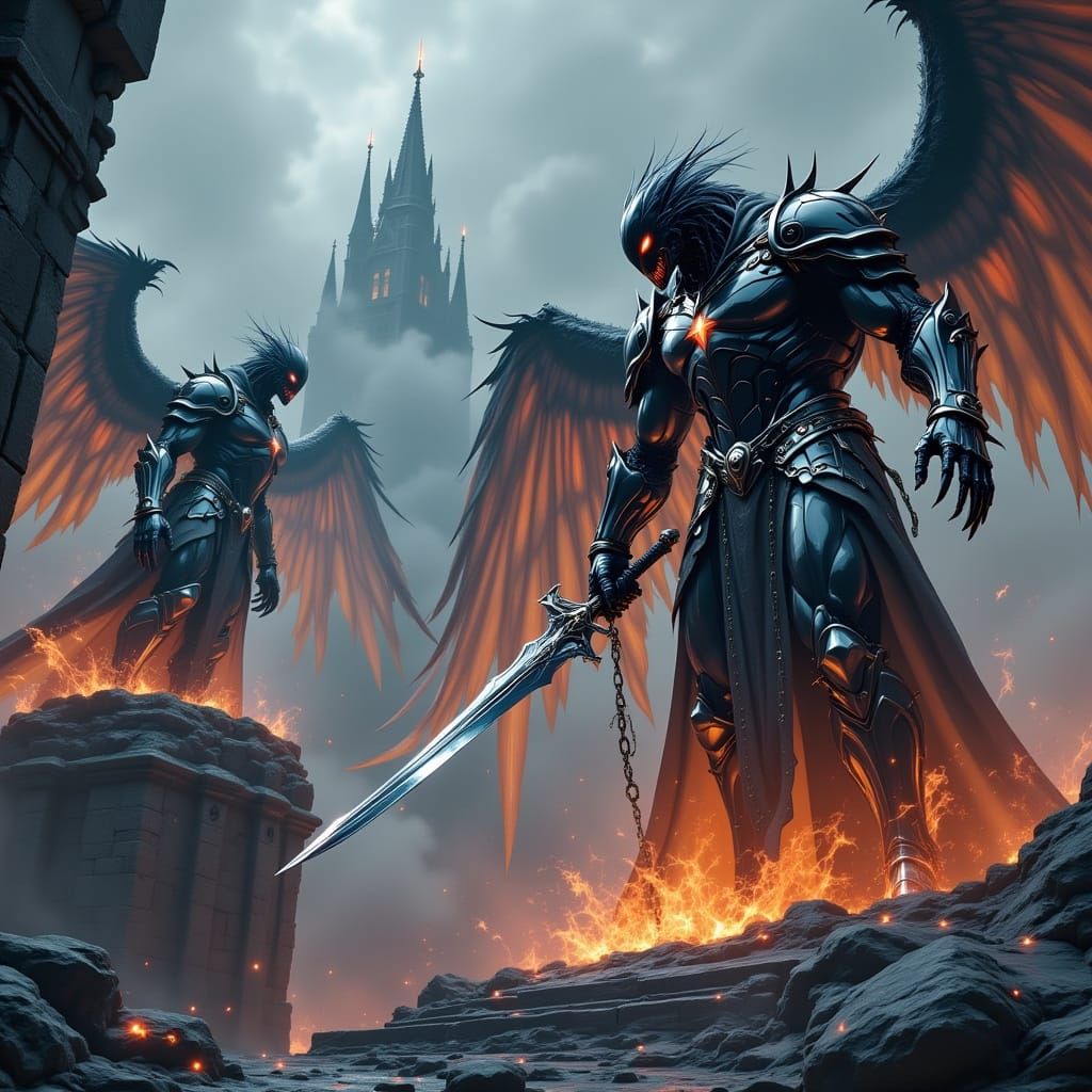 Epic Armored Fantasy Warriors Stand Guard at Haunted Castle