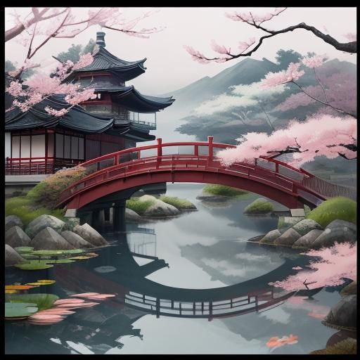 Sumi-e Woman by Pond with Cherry Blossoms