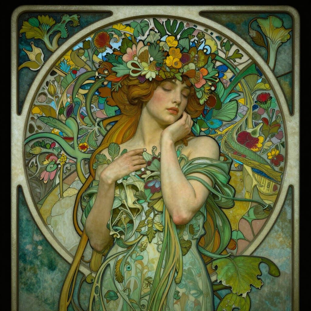 Art Nouveau Portrait with Botanical Motifs in Green