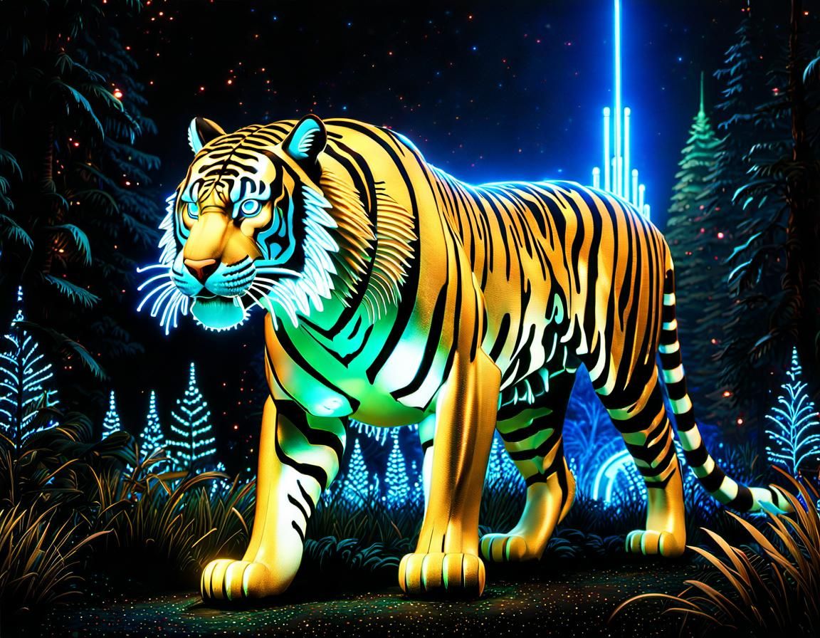 Bioluminescent Cyberpunk Tiger in Cybernetic Forest