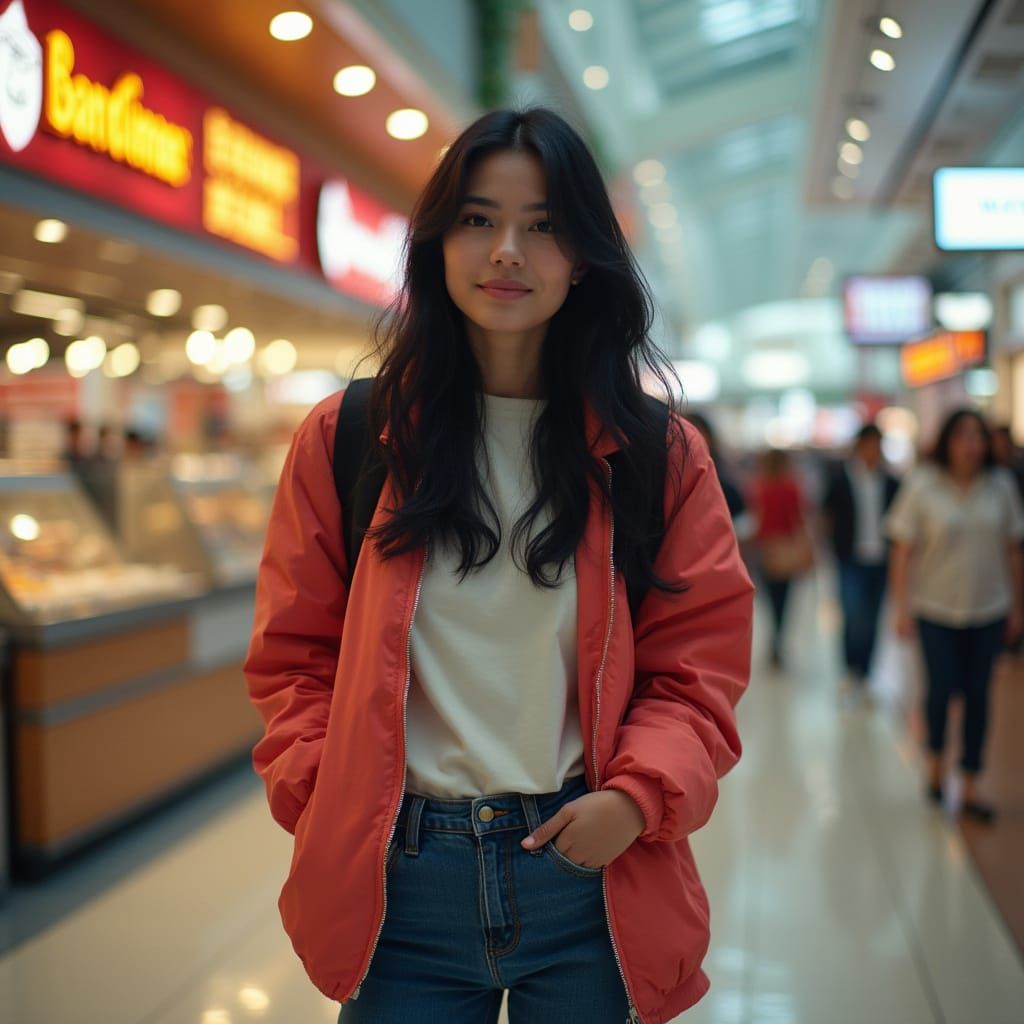 American Woman in Mall Food Court: Hyper Realistic Photo