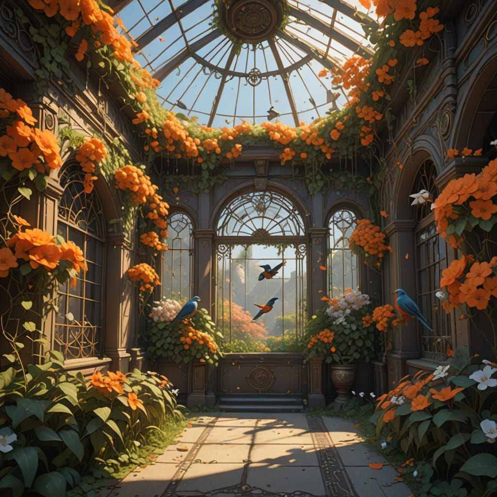 Lush Aviary Interior in Art Nouveau Style