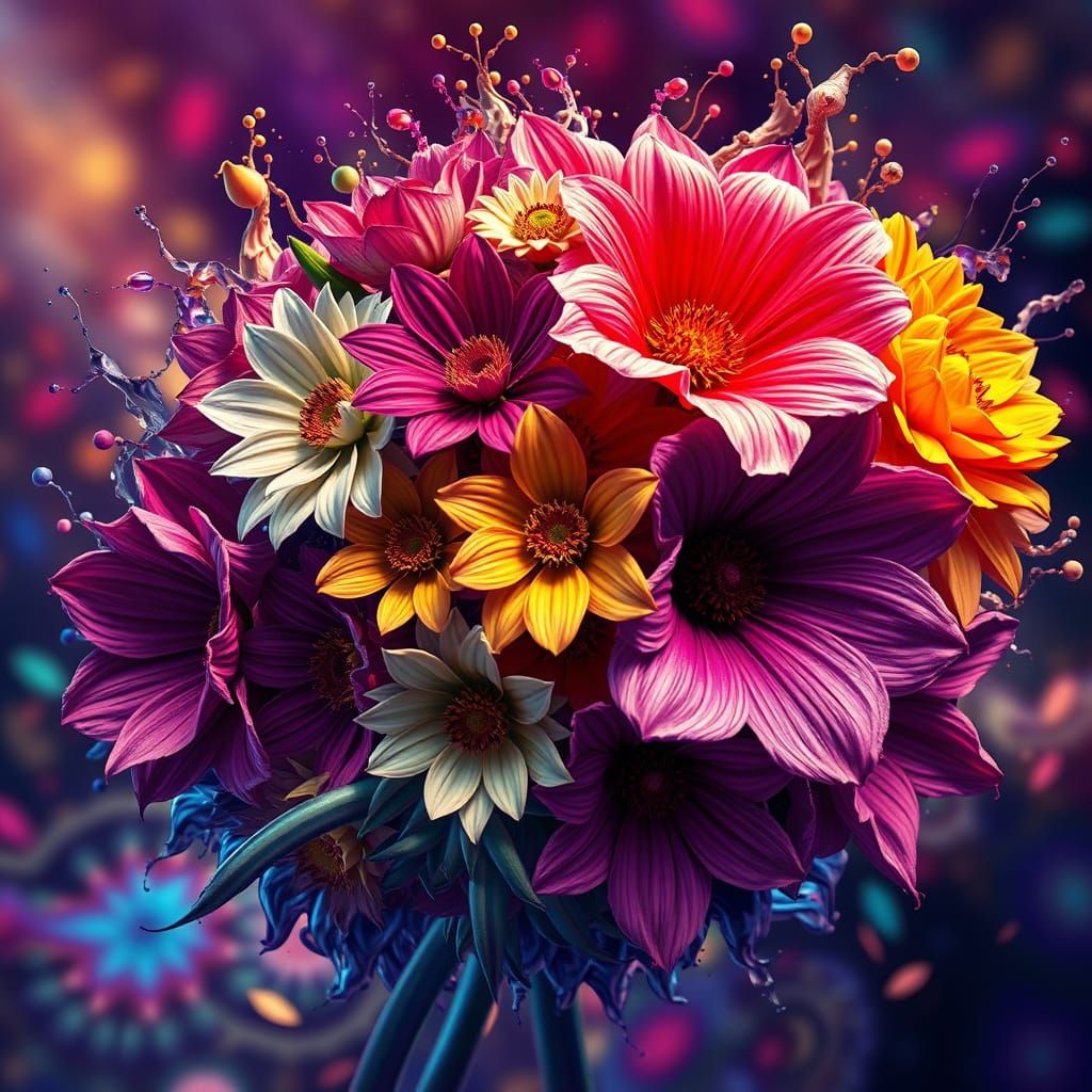 Hyperrealistic Fractal Flowers in Splash Art Style