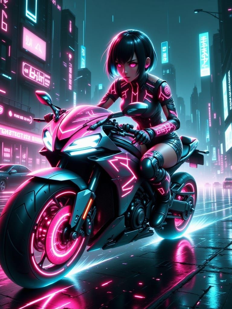 Short haired Motoko Kusinagi in pink and blue futuristic ste...