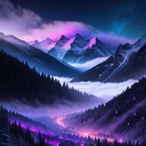 Misty Mountain Landscape with Sparkles in Blue and Purple