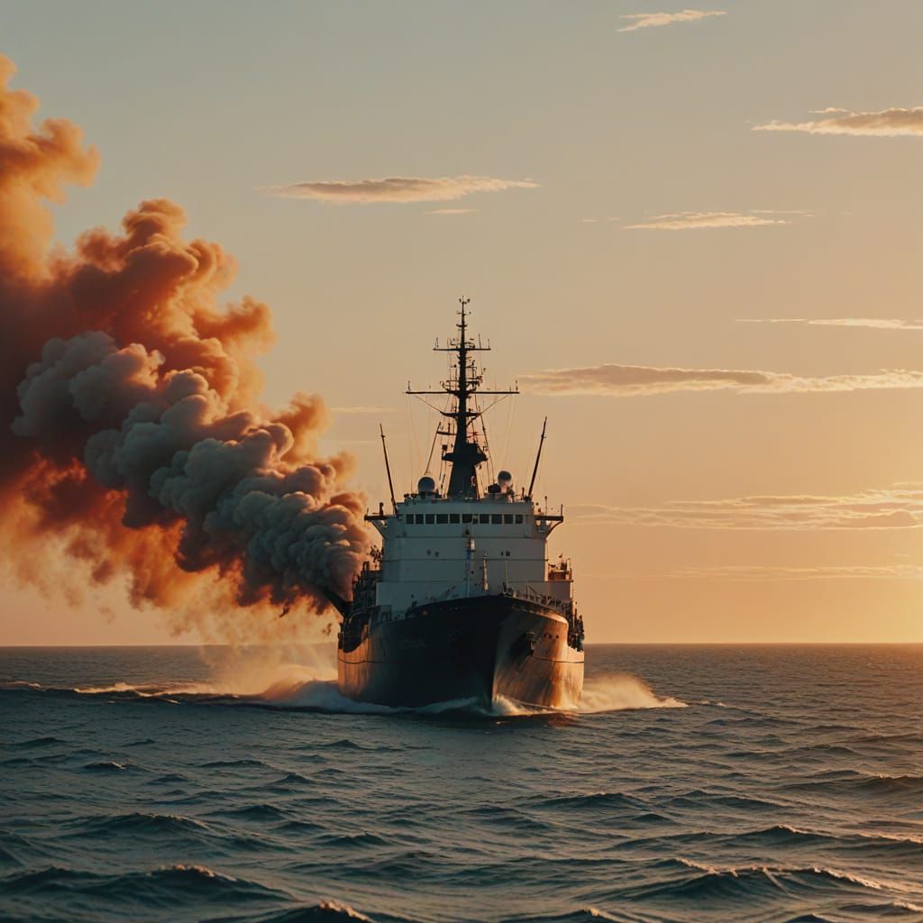 Ship at Sea in Golden Hour Light