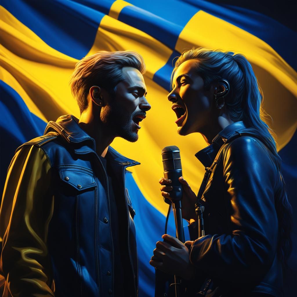 Swedish Couple Singing with European Flag, Hyperrealistic