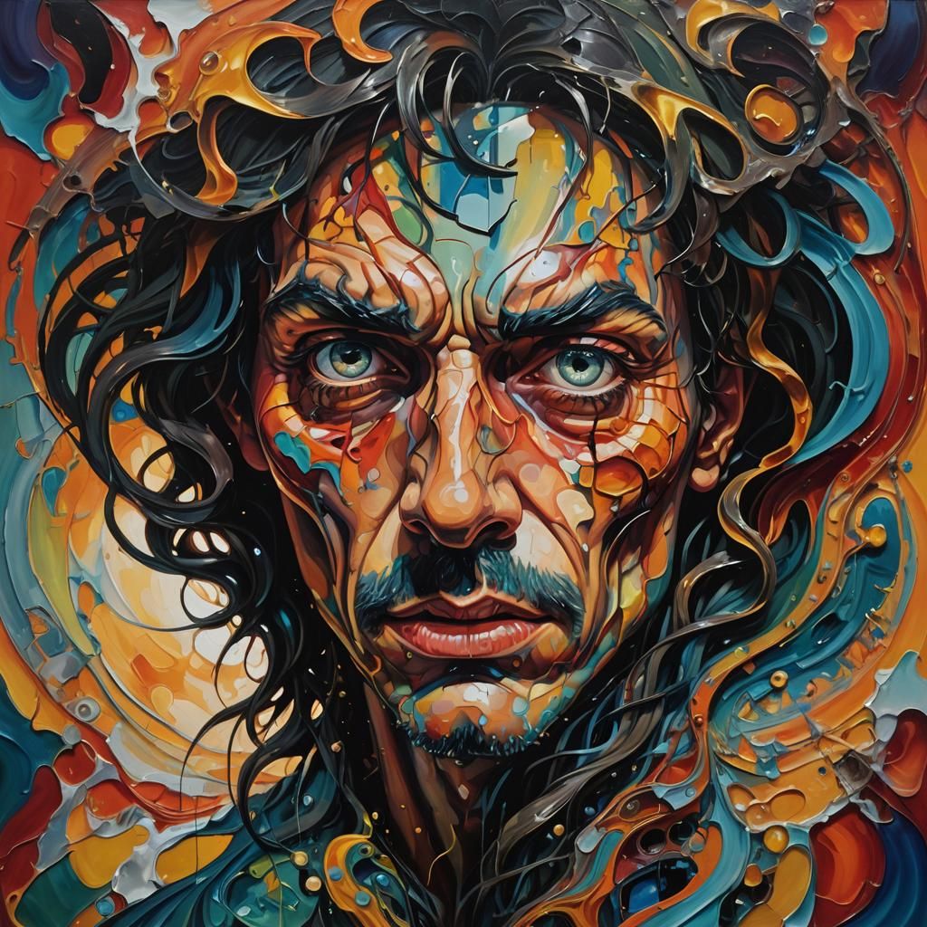 Surreal Devilock Portrait with Melting Clock, Oil Painting