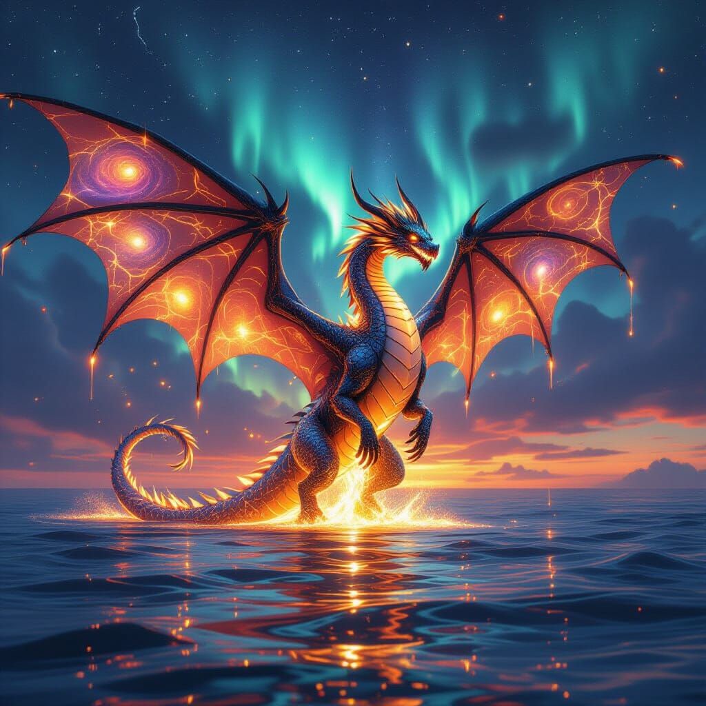 Liquid Mercury Dragon Roaring Under Auroras