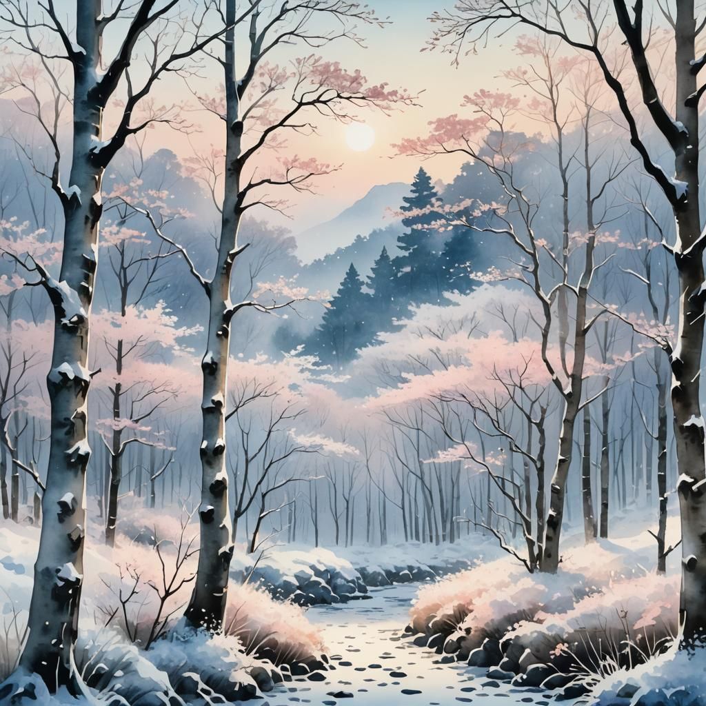 Serene Winter Japanese Landscape in Watercolor Style