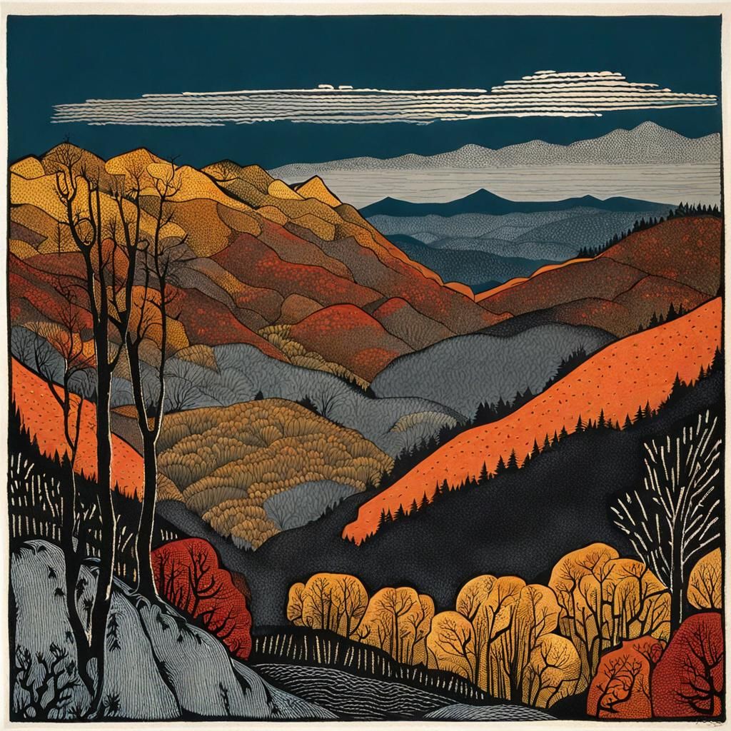 Autumnal Woodcut Landscape with Blue Mountain Backdrop