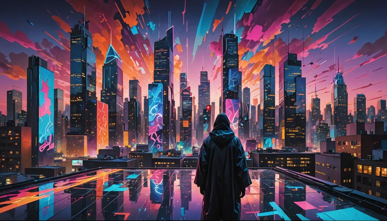 Twilight Cyberpunk Cityscape with Graffiti Art