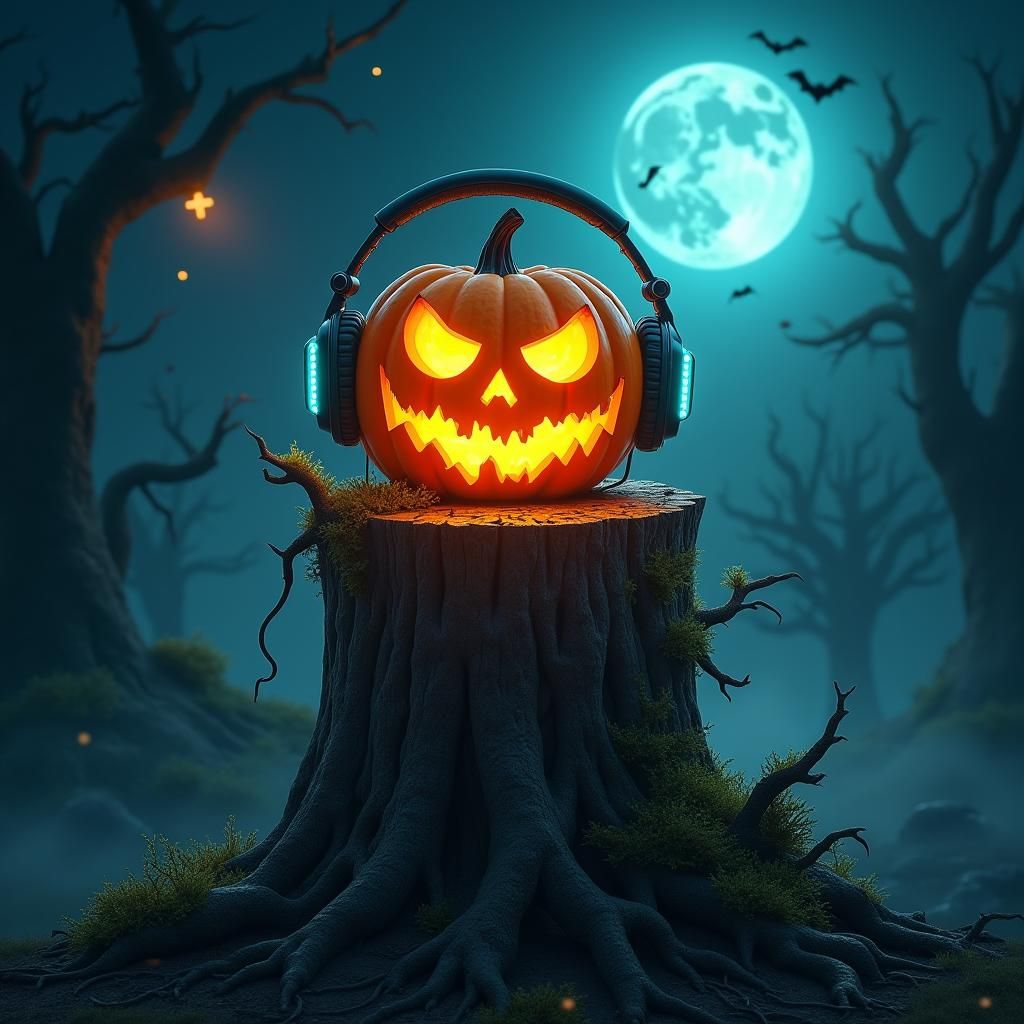 Ornate Pumpkin with Headphones in Flight Vortex