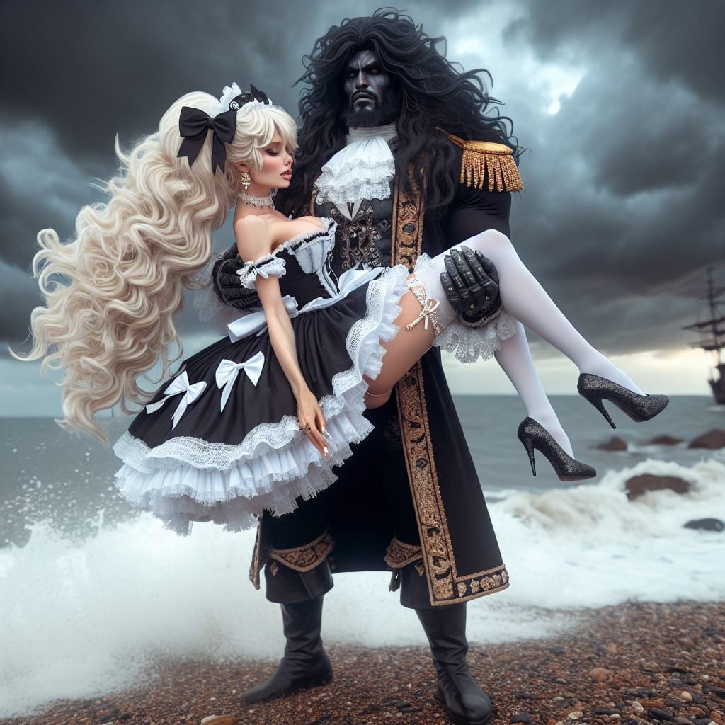 Pirate King Tenderly Holds Maid on Stormy Shore