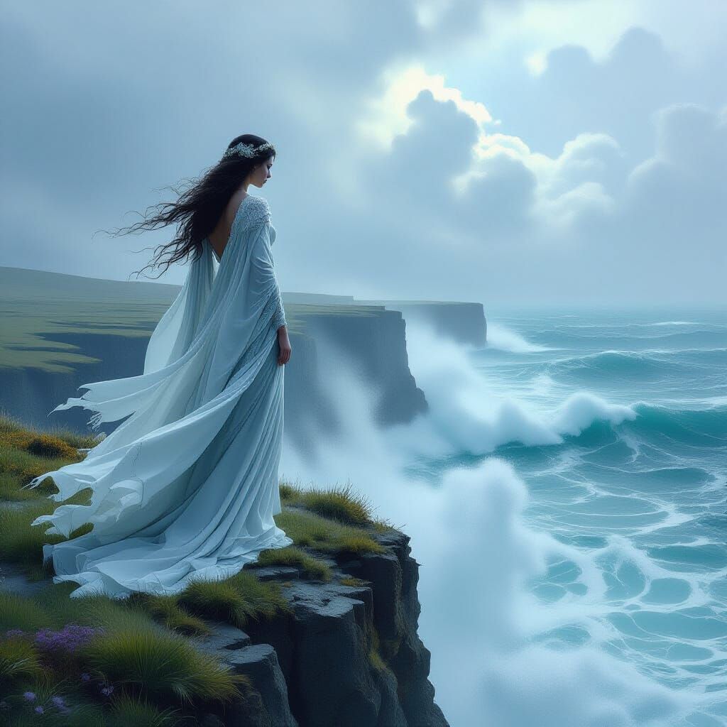 Melancholic Goddess Overlooking Stormy Sea, Art Nouveau Styl...